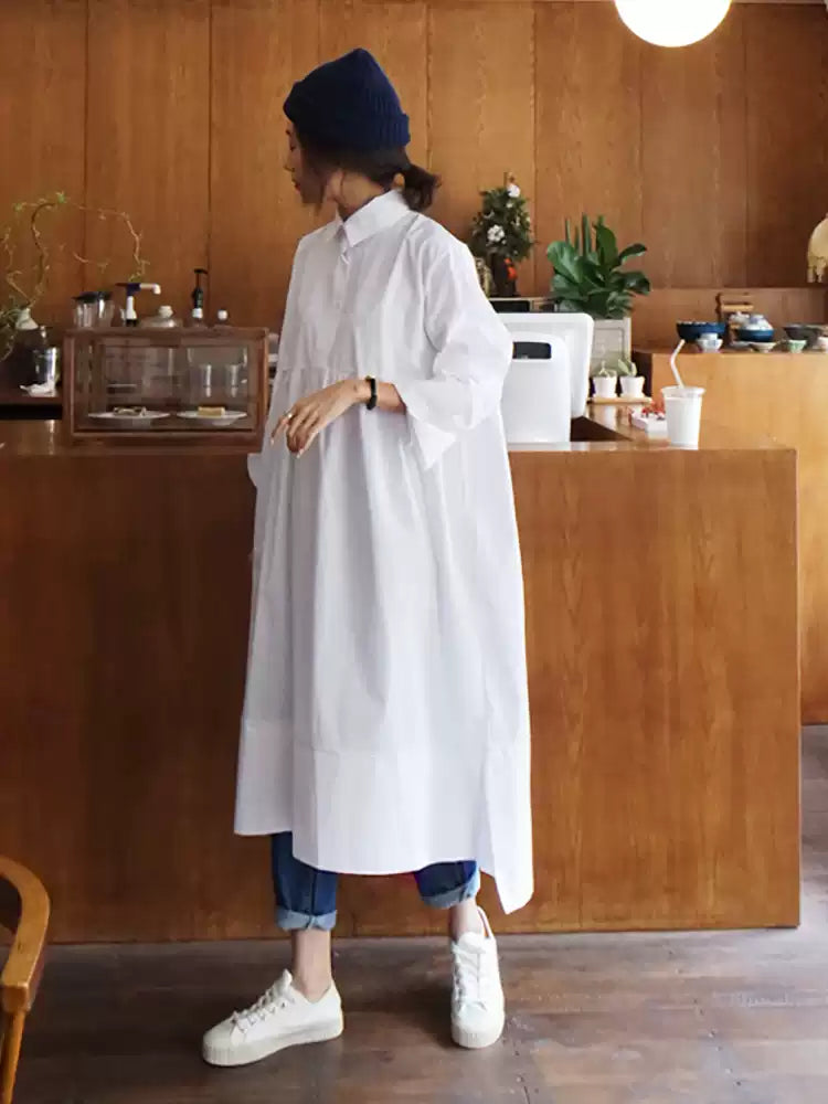 Loose Fit Slimming White Doll Dress Long Sleeve Maxi Dress for Women