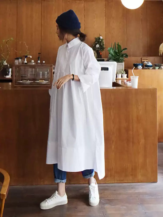 Loose Fit Slimming White Doll Dress Long Sleeve Maxi Dress for Women