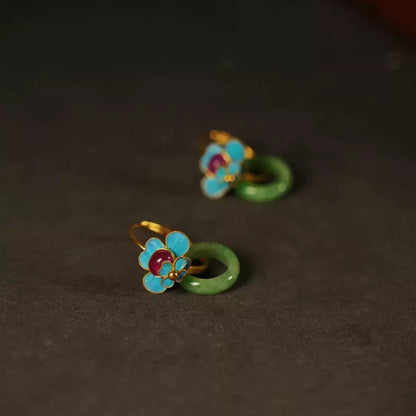 Tourmaline Blue Simulated Jade Ping An Kou Earrings - Chinese Style Elegant Jewelry
