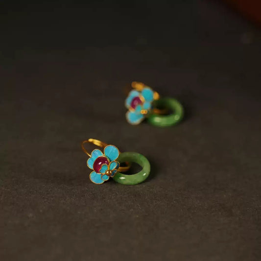 Tourmaline Blue Simulated Jade Ping An Kou Earrings - Chinese Style Elegant Jewelry