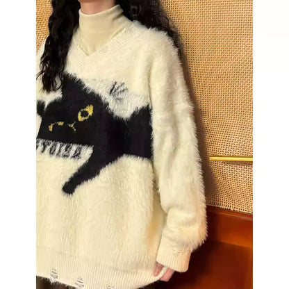 Mohair Soft & Lazy Vibe Sweater - American Cat Embroidery