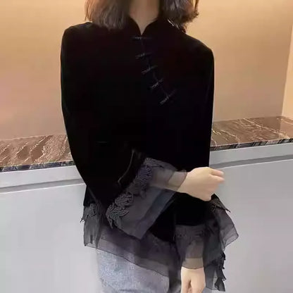 Exquisite Chinese Knot Button Spliced Black Velvet Long Sleeve Top