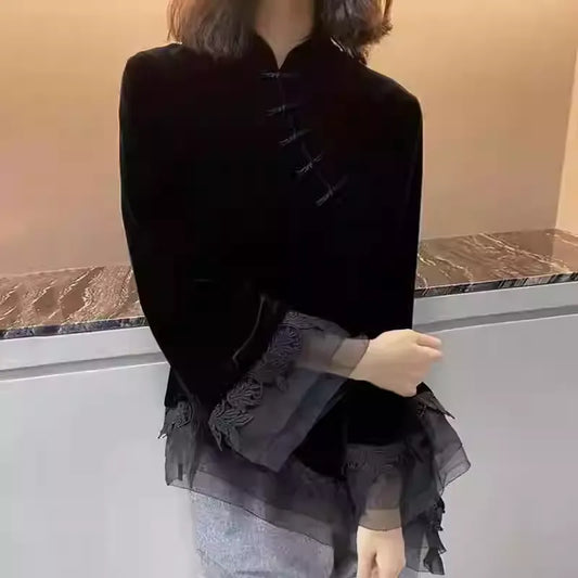 Exquisite Chinese Knot Button Spliced Black Velvet Long Sleeve Top