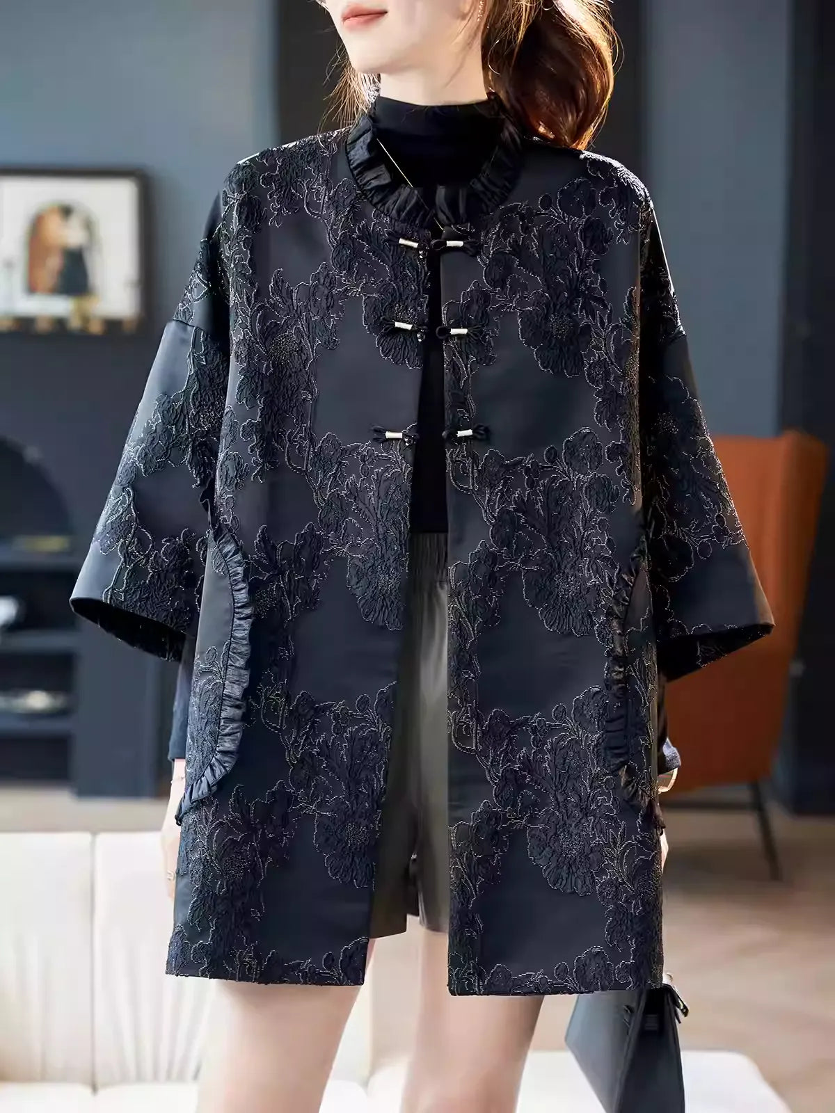 Batwing Sleeve Metallic Thread Jacquard Coat