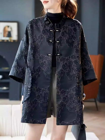 Batwing Sleeve Metallic Thread Jacquard Coat