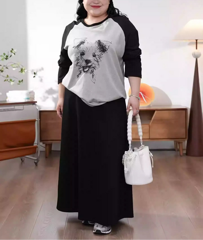 Plus Size Black & Gray Color Block Dog Print Long Sleeve Top