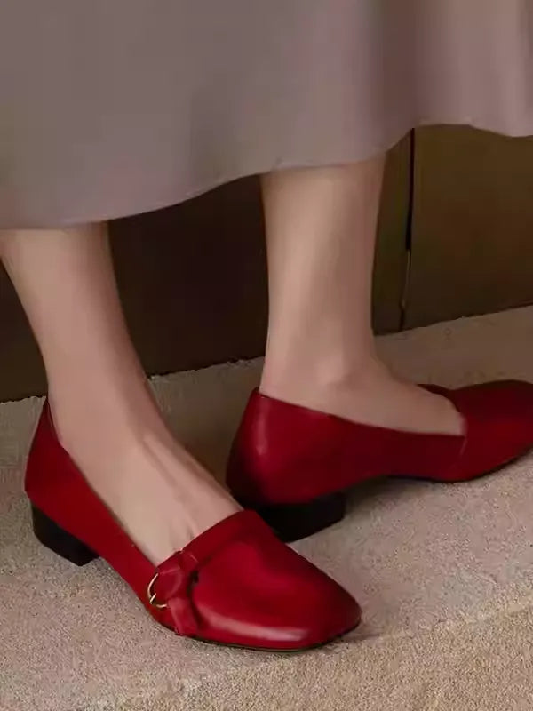 New Arrival Red Genuine Leather Low Heel Square Toe Low-Cut Pumps