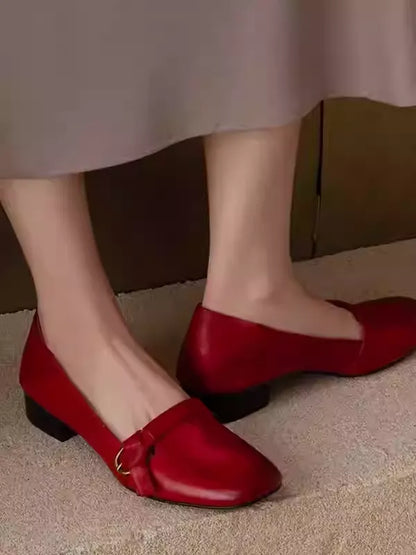 New Arrival Red Genuine Leather Low Heel Square Toe Low-Cut Pumps