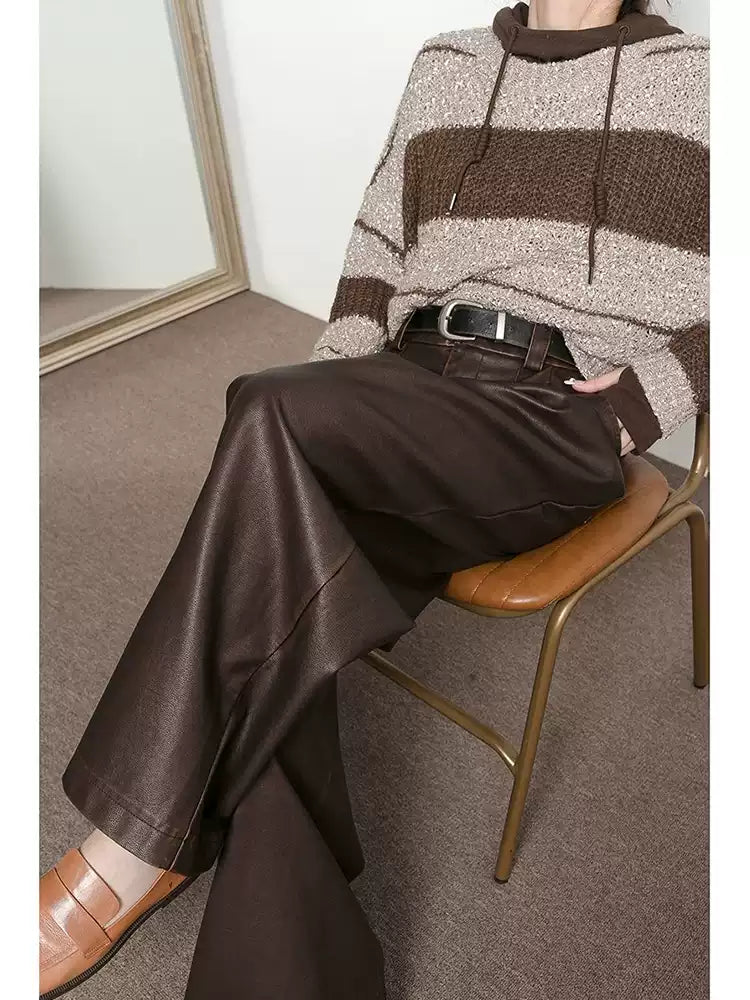 Women's Vintage Maillard Brown Pleated Wide-Leg Casual Pants