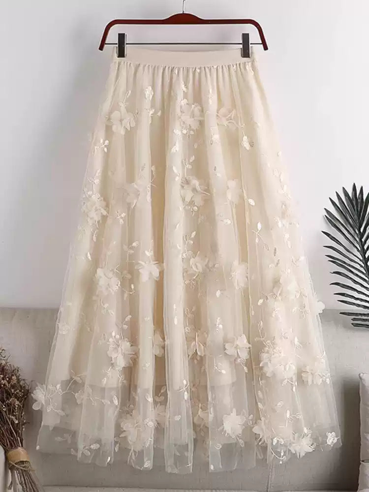 Layered Mesh Tulle Full Flare Skirt with 3D Embroidery
