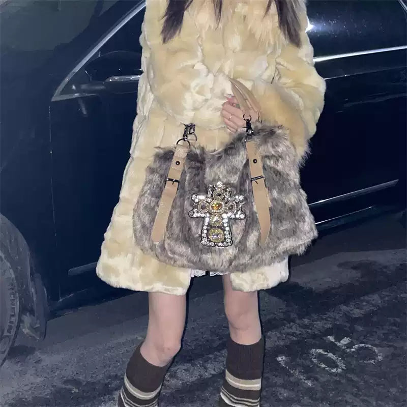 Faux Mink Fur Texture Gemstone Underarm Bag | Minimalist & Elegant Shoulder Work Bag