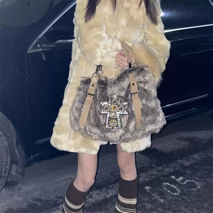 Faux Mink Fur Texture Gemstone Underarm Bag | Minimalist & Elegant Shoulder Work Bag