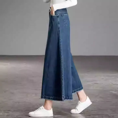 Blue High Waist Wide Leg Denim Pants with Pockets – Fall Collection