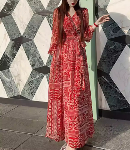 Plus Size V-Neck Wrap Tie Waist Slim Fit Dress