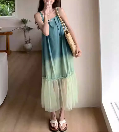 Mesh Patchwork Gradient Denim Cami Dress Women’s Sleeveless Casual