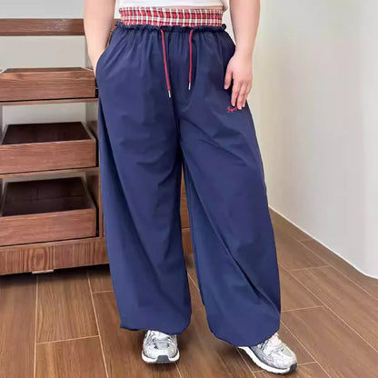Plus Size Plaid Waist Patch High Waist Wide Leg Embroidery Casual Pants