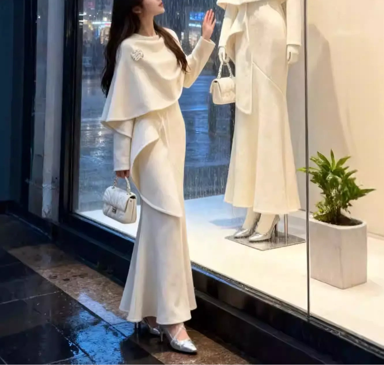 Shawl coat, elegant dress, autumn and winter set