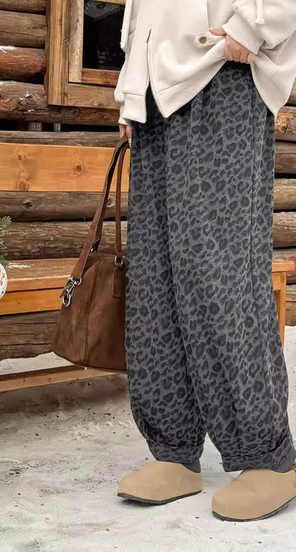Plus Size Leopard Fleece Pants, American Elastic Waist Cuffed