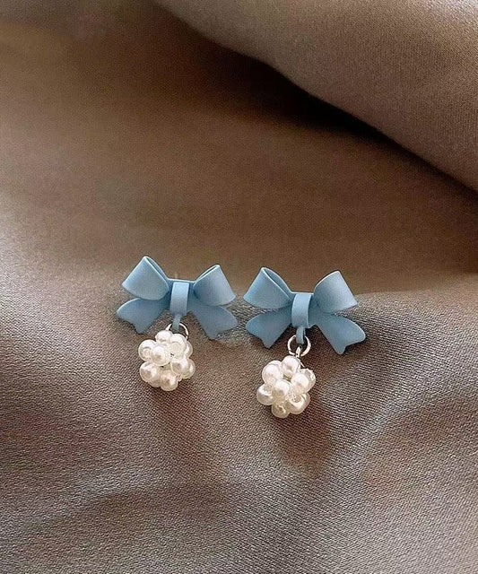 New Blue Baking Paint Bow Pearl Ball Stud Earrings