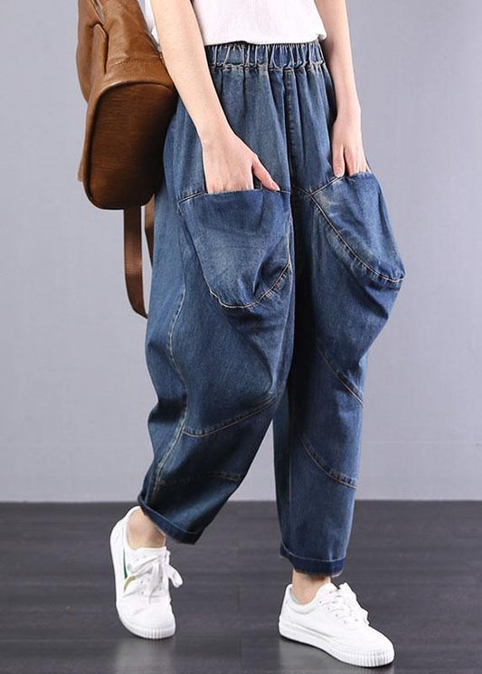 2026 autumn old casual pants big pockets denim blue harem pants