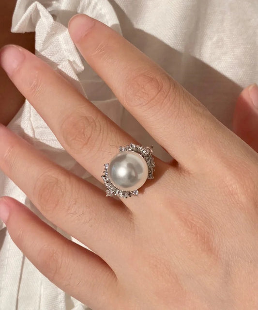 2026 New White Pearl Zircon Open Silver Rings