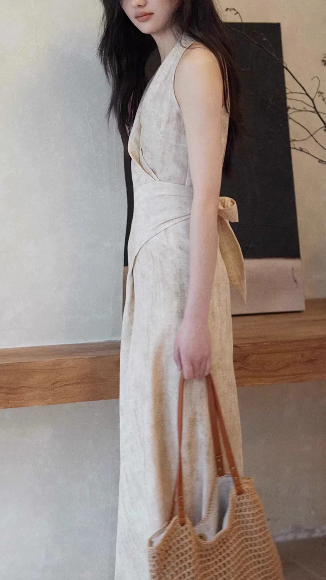 Beige V Neck Wrap Sleeveless Waist Tie Maxi Dresses Summer