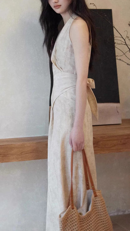 Beige V Neck Wrap Sleeveless Waist Tie Maxi Dresses Summer