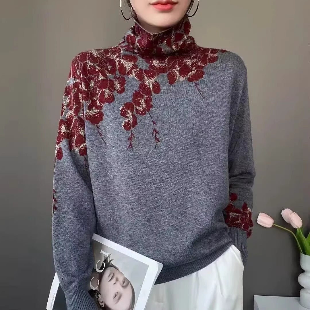 Minimalist Gray Jacquard Turtleneck Long Sleeve Sweater Versatile Daily Knit