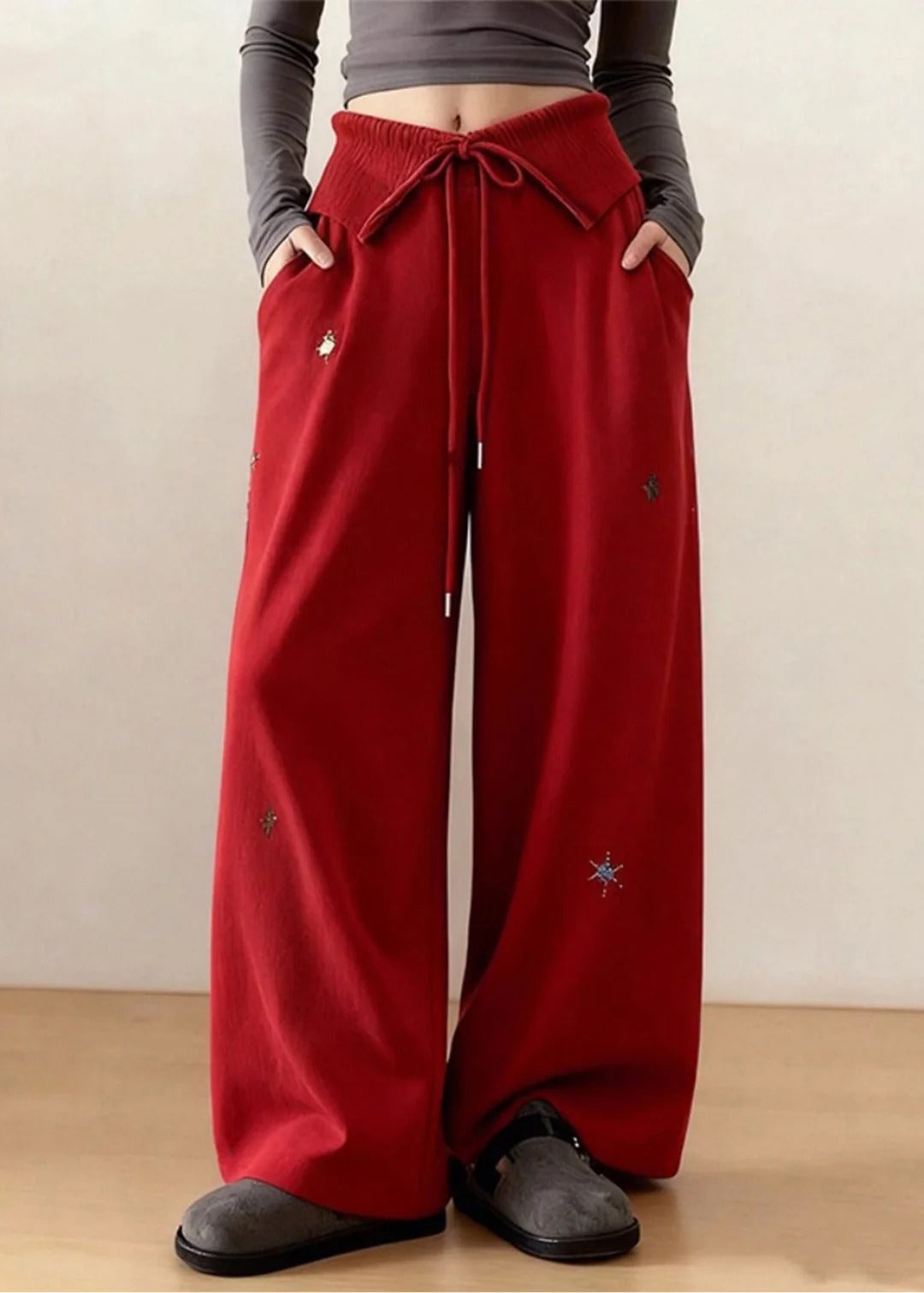 DIY Red Embroidered Tie Waist Cotton Straight Pants Spring