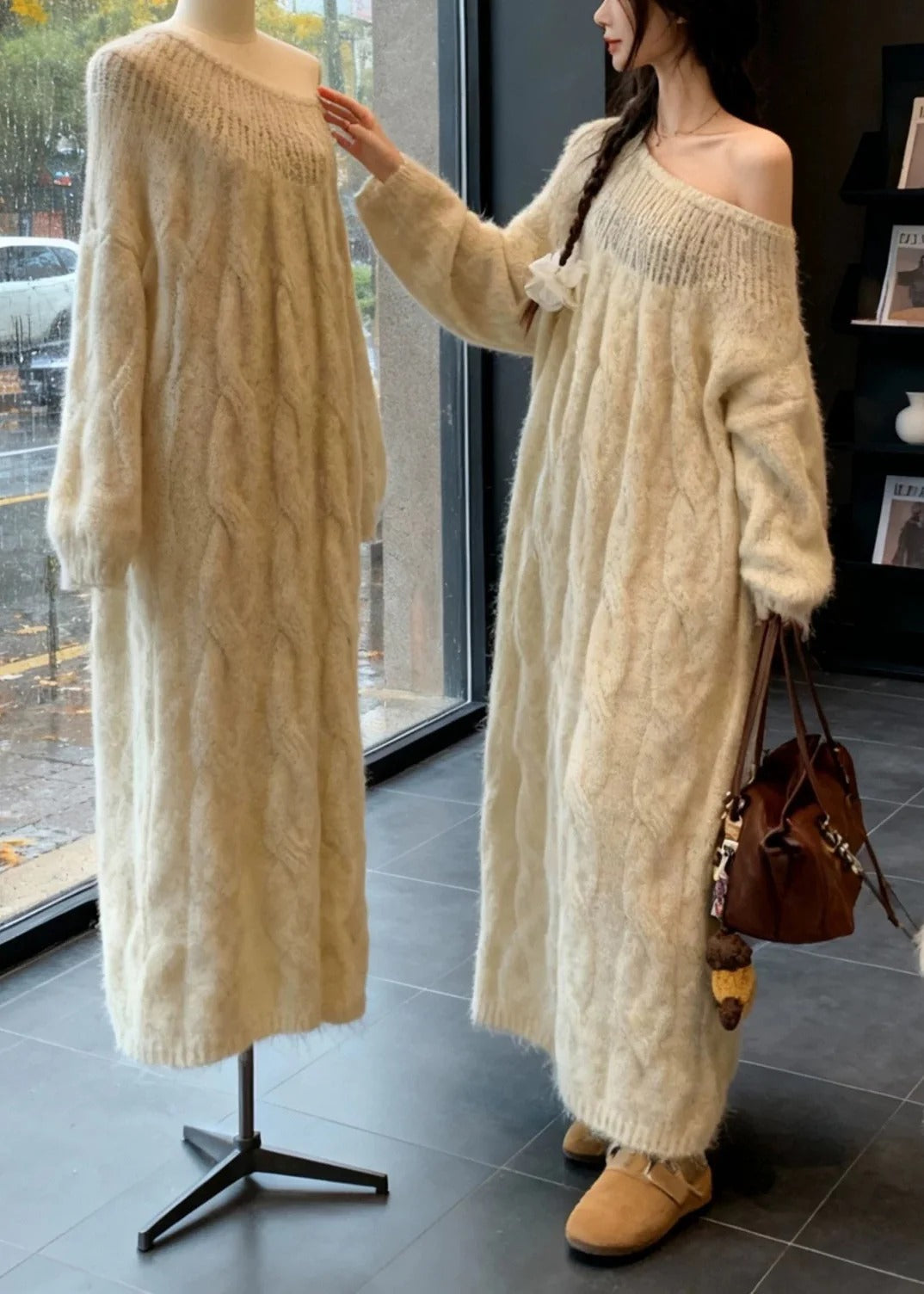 Elegant Beige Cold Shoulder Cable Knit Dress Spring