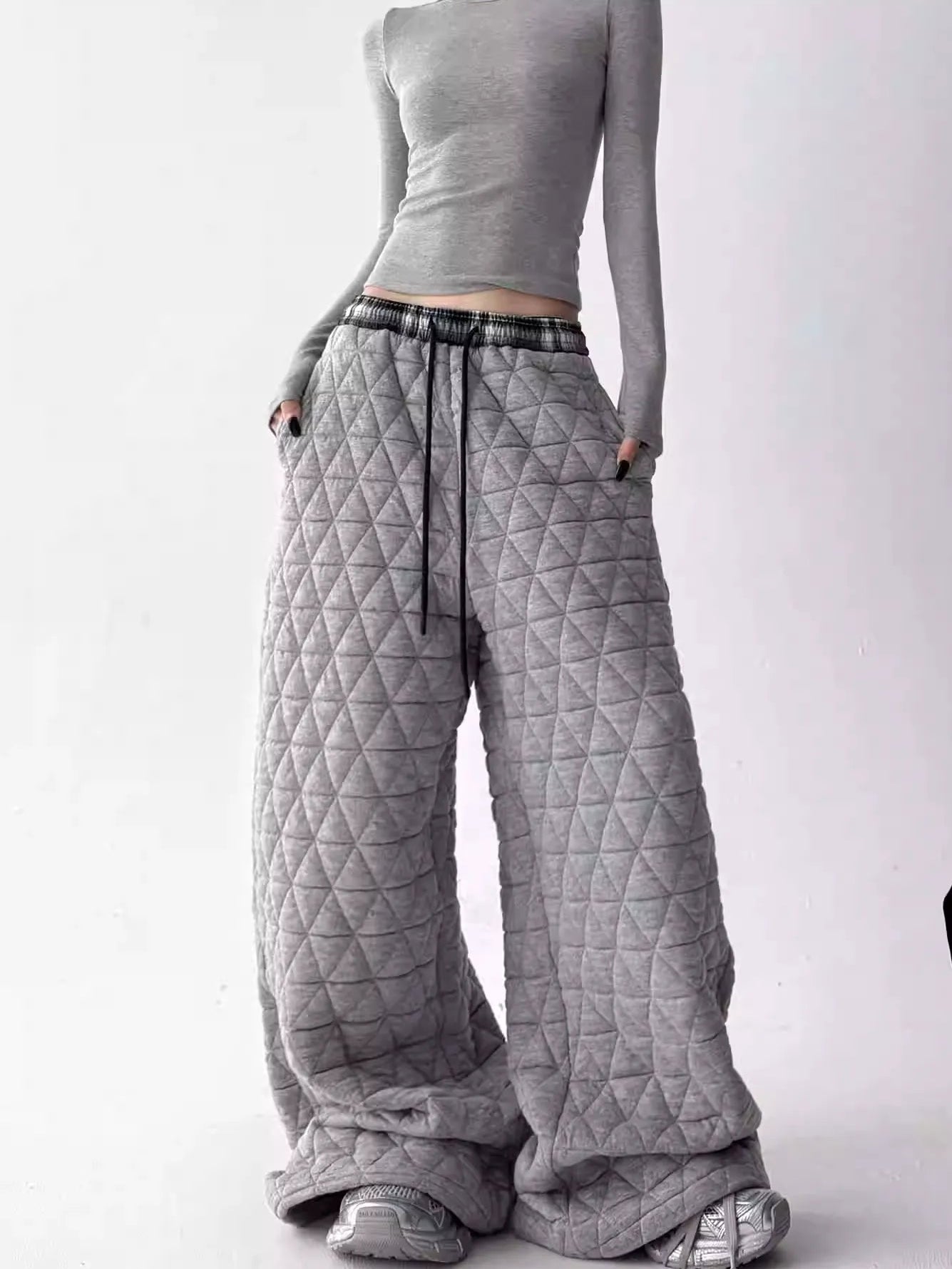 Diamond Quilted Padded Drawstring Wide Leg Pants