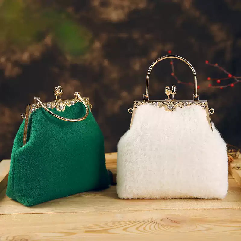 Top Handle Golden Fur Handbag – Women's Spacious