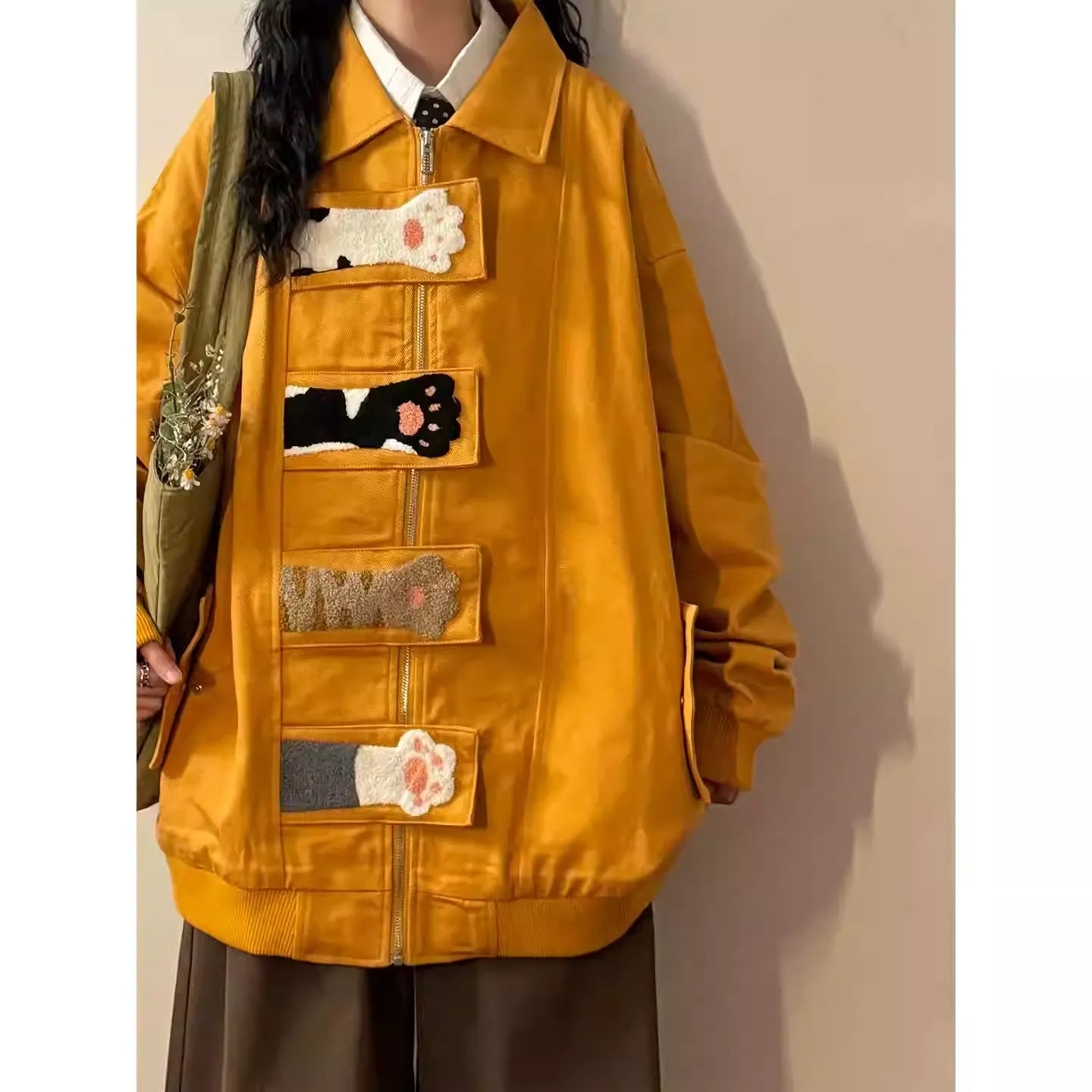 Unisex Streetwear Playful Cat Paw Towel Embroidery Design Jacket New Arrival