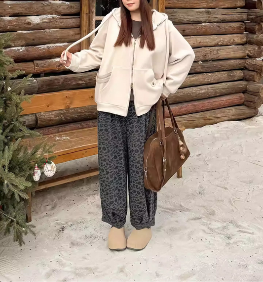 Plus Size Leopard Fleece Pants, American Elastic Waist Cuffed