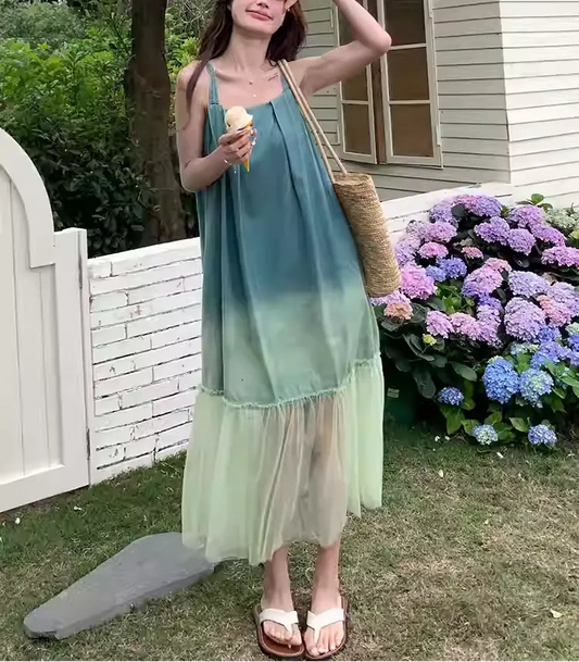 Mesh Patchwork Gradient Denim Cami Dress Women’s Sleeveless Casual