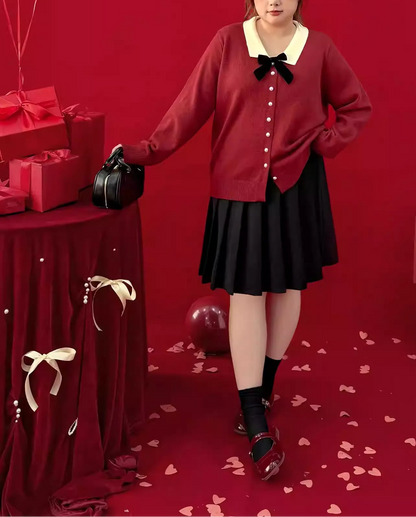 Plus Size Spring Contrast Color Lapel Bow Knot Red Knit Top