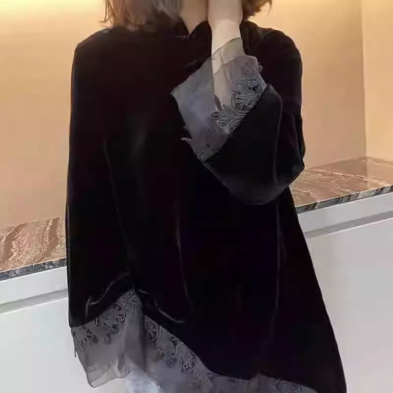 Exquisite Chinese Knot Button Spliced Black Velvet Long Sleeve Top