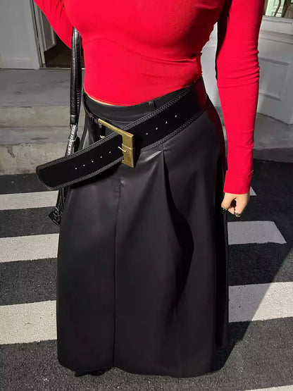 Plus Size Black PU Leather Skirt Draped Slim Skirt