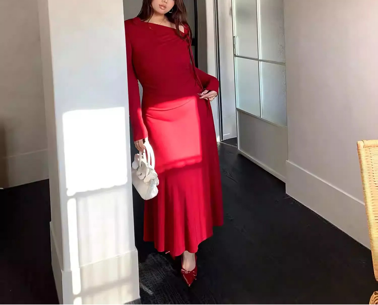 Plus Size Red Knit Long Sleeve Waist Maxi Dress
