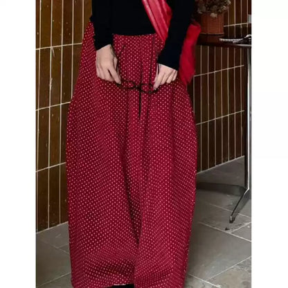 Retro Angola Red Polka Dot Corduroy Pants, Women's Versatile Wide Leg Trousers