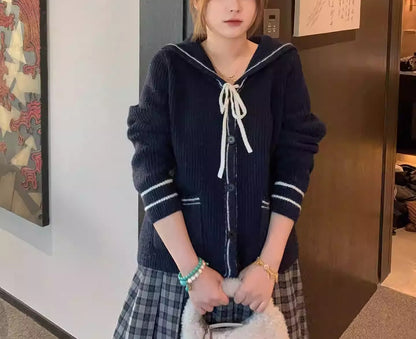 Plus Size Sailor Collar Bow Tie Knit Cardigan