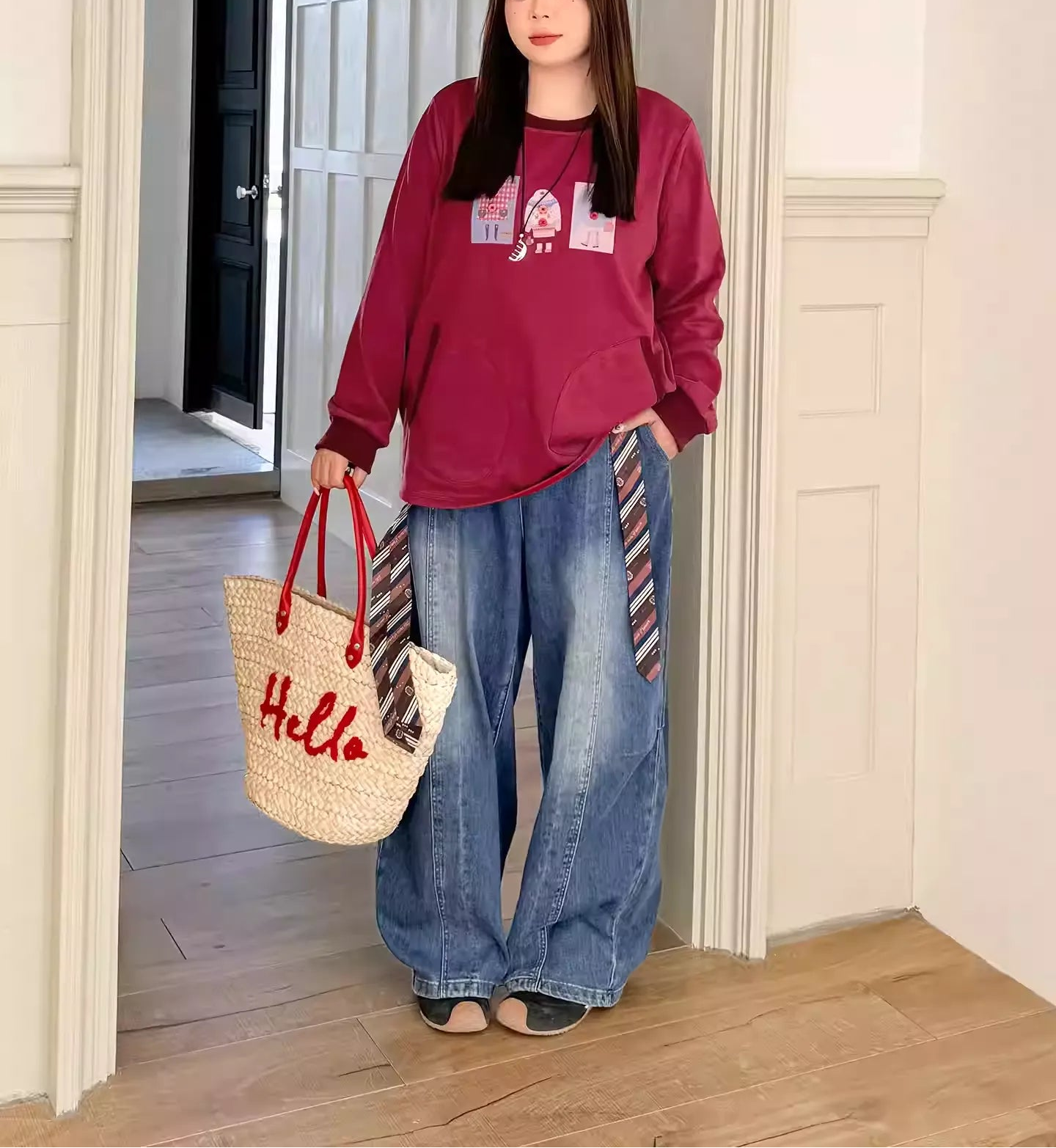 Plus Size Red Crew Neck Print Sweatshirt, 2026 Spring Pocket Top