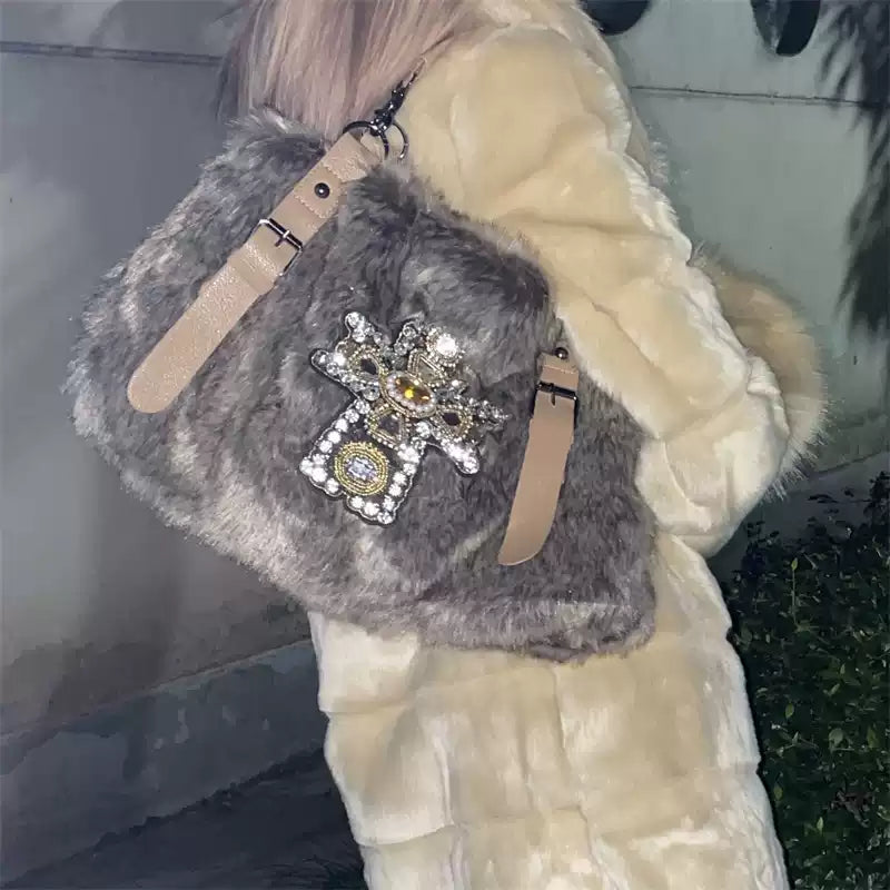 Faux Mink Fur Texture Gemstone Underarm Bag | Minimalist & Elegant Shoulder Work Bag