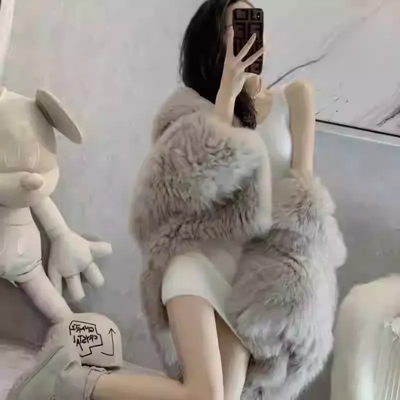 New Winter Luxury Hooded Faux Fox Fur Overcoat