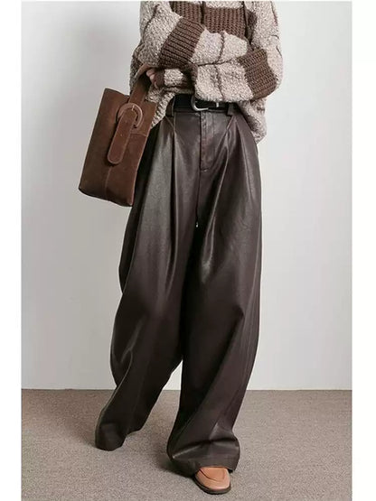 Women's Vintage Maillard Brown Pleated Wide-Leg Casual Pants