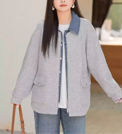 Plus Size 2026 Spring Loose Jacquard Knit Fake Two-Piece Denim Jacket