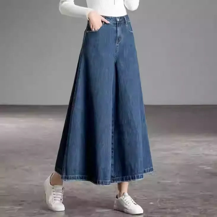 Blue High Waist Wide Leg Denim Pants with Pockets – Fall Collection