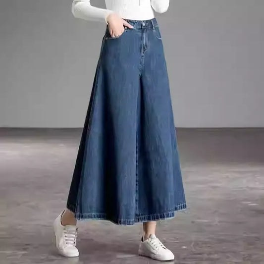 Blue High Waist Wide Leg Denim Pants with Pockets – Fall Collection