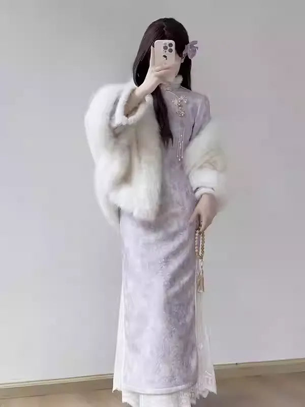 New Chinese style purple fleece-lined cheongsam