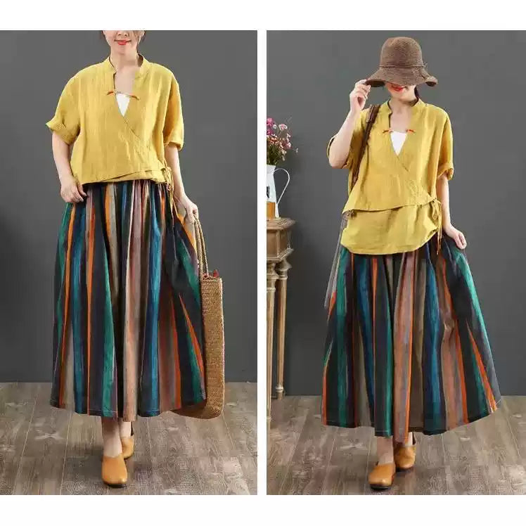 Cotton Linen Pleated A-line Skirt - Versatile